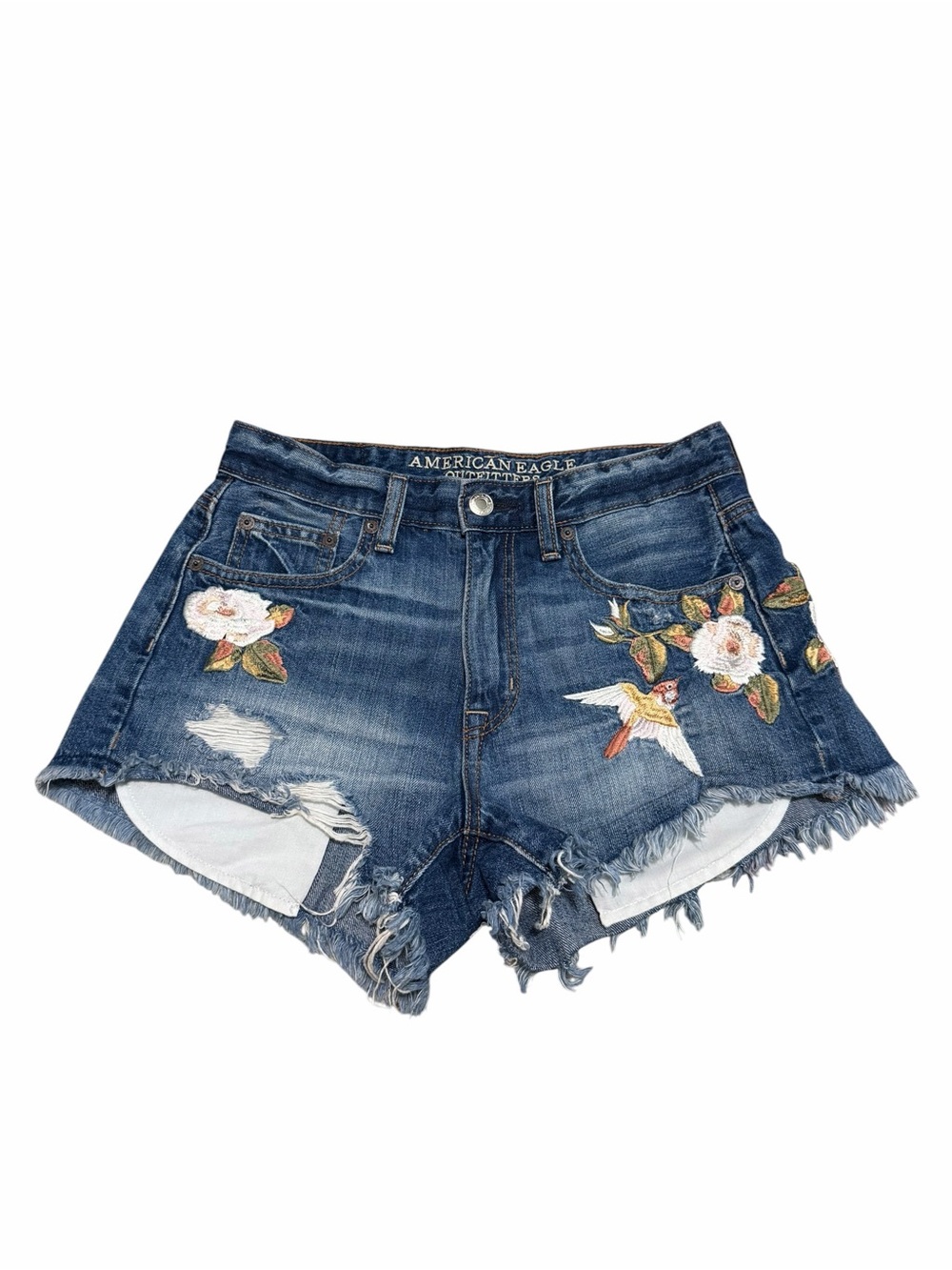 American Eagle Vintage Hi-Rise Festival Embroidered Denim Cutoff Shorts | Size 0